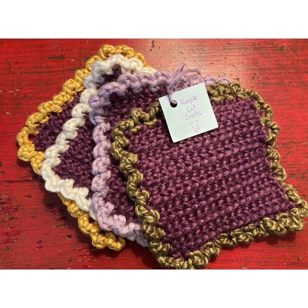 PURPLE CAT CRAFTS Handmade Crocheted Dish Rag Lot of 4 Yarn Art Knitted Colorful